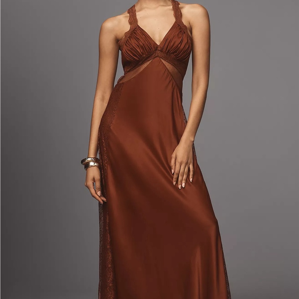 Maeve Red V neck Satin Lace Midi dress Size 2